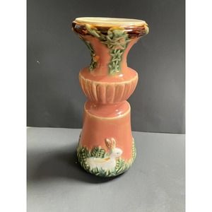 Vintage Majolica Bunny Rabbit Candleholder Coral 9.25”